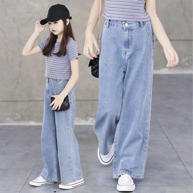 Quần Jean Dài Lưng Cao Ống Rộng Thời Trang Xuân Thu Cho Bé Gái