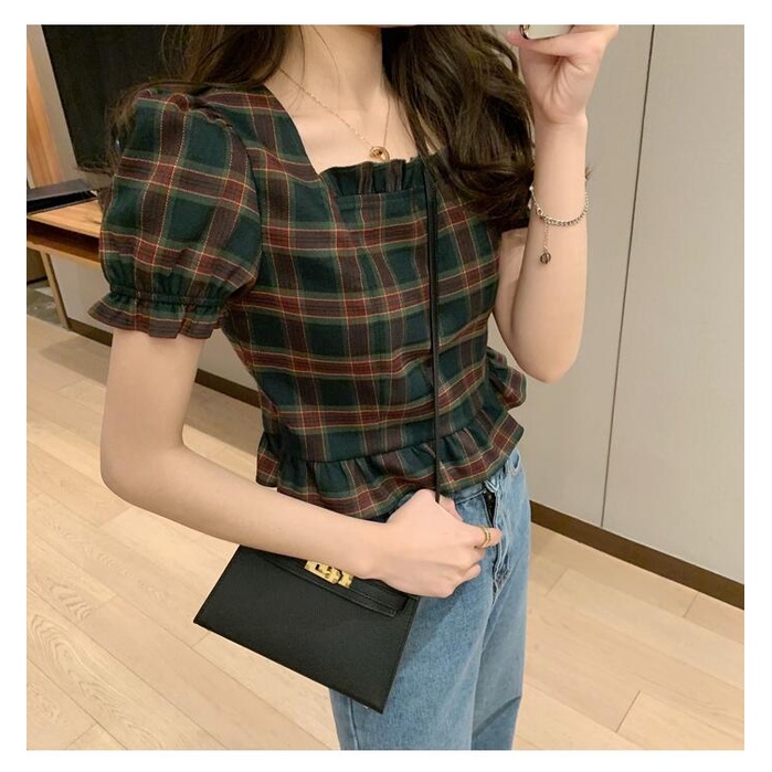 Áo Croptop Tay Phồng Cổ Vuông Họa Tiết Sọc Caro Phong Cách Vintage