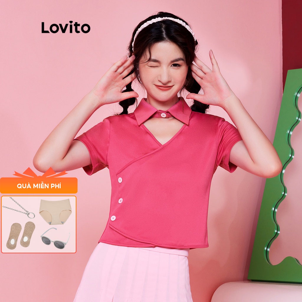 Áo thun (Lovito Exclusive) DOPAMINE GIRLS Đơn giản Cut Out Collar Polo Preppy L28AE024 (Đỏ hồng)