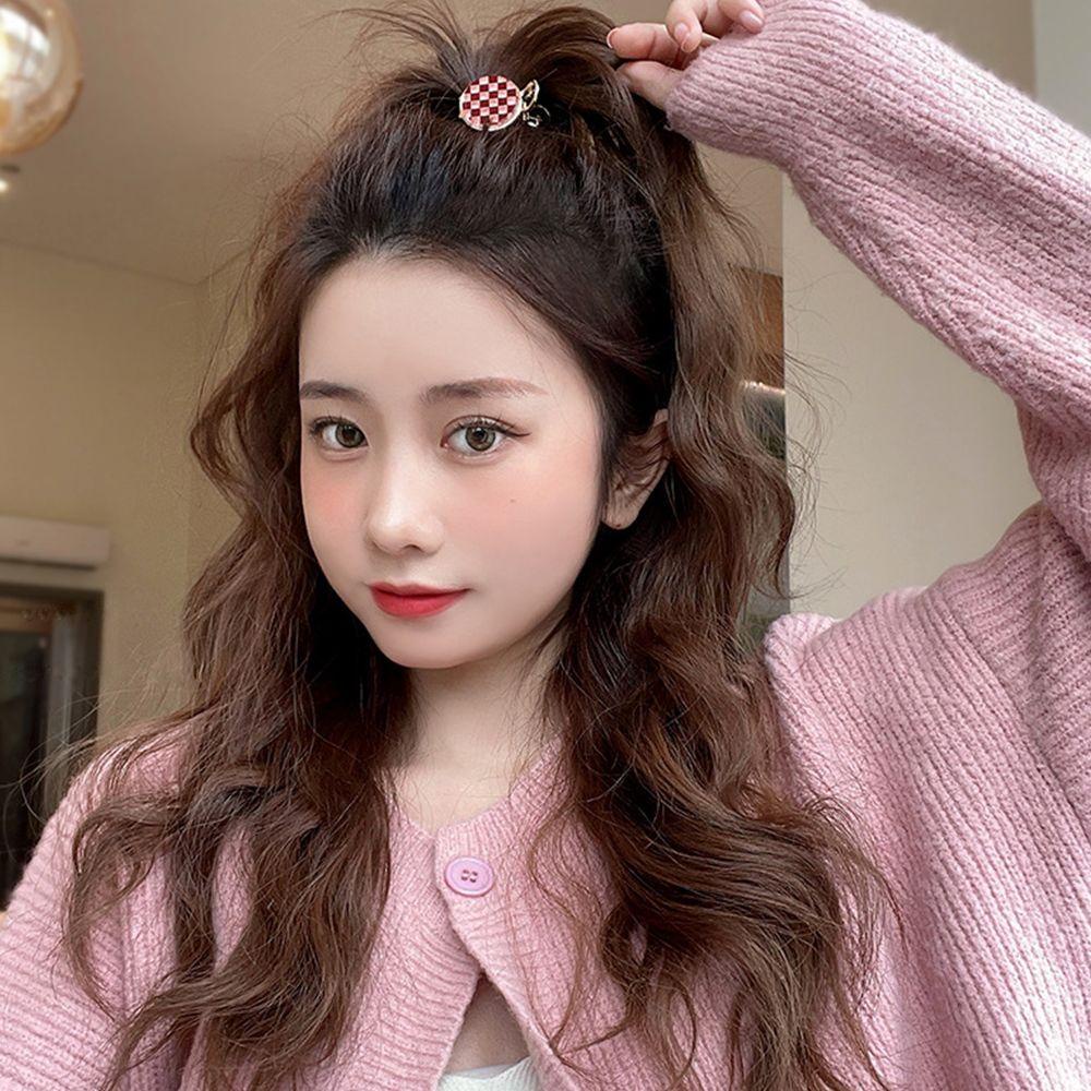 Kẹp Tóc Càng Cua Nhỏ Hình Tròn Họa Tiết Sọc Caro Ngọt Ngào Thời Trang Phong Cách Hàn Quốc