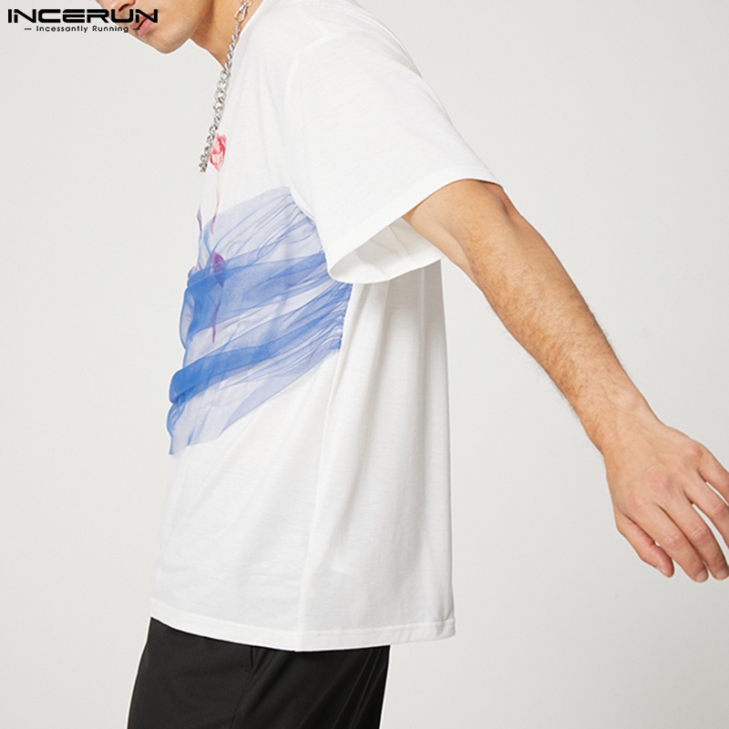 Áo thun INCERUN tay ngắn in họa tiết hoa phối lưới thời trang dành cho nam