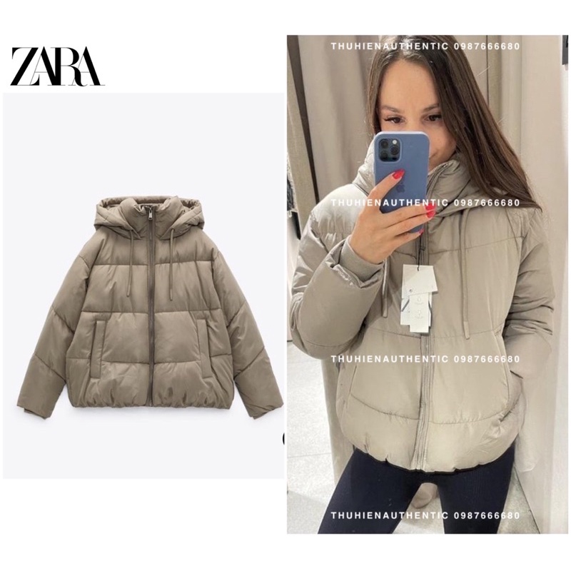 Áo phao béo có mũ màu nâu xám ZARA chính hãng