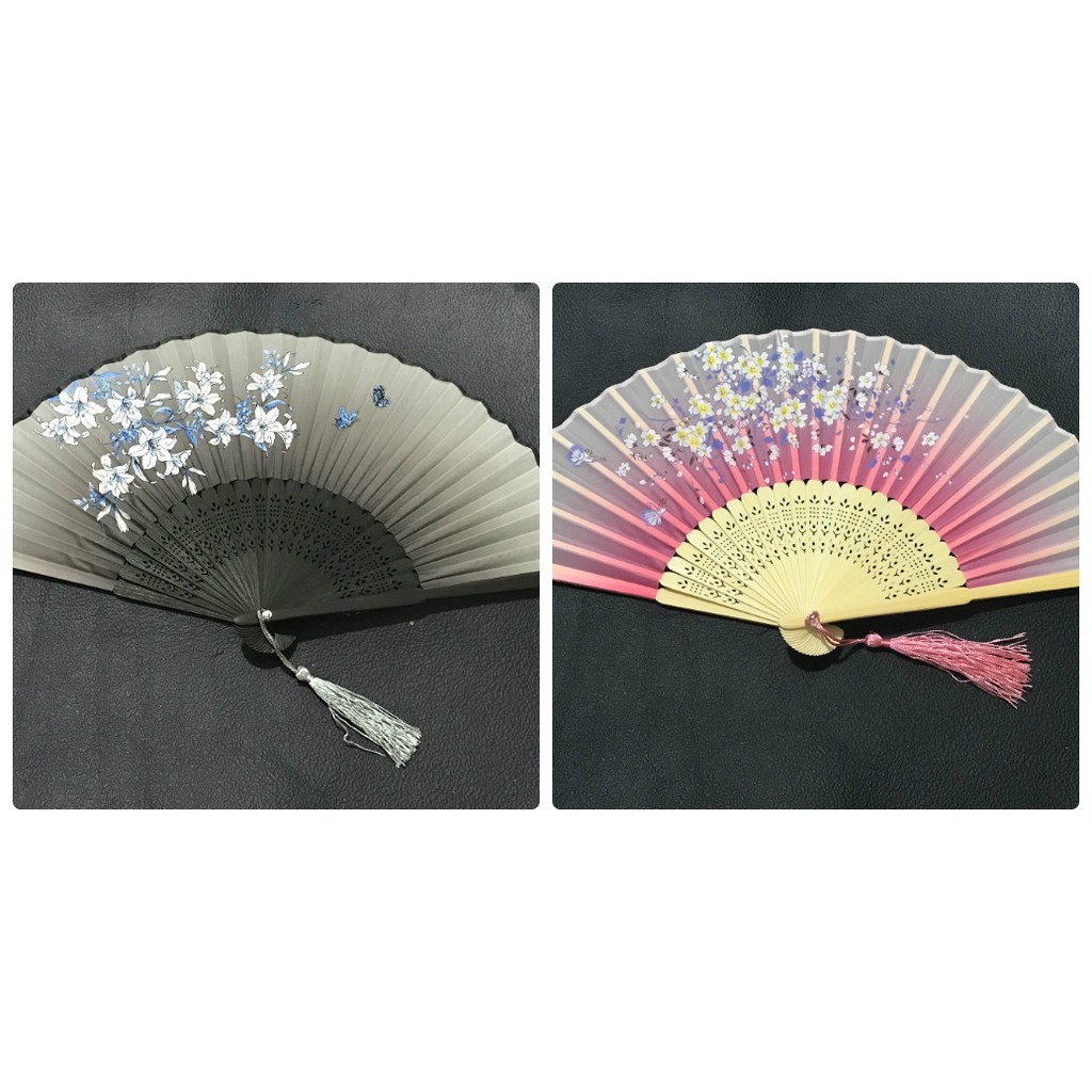Quạt cổ trang dây tuyến xám hồng loại 2 quạt xếp cầm tay phong cách Trung Quốc thiết kế sáng tạo đẹp thời trang