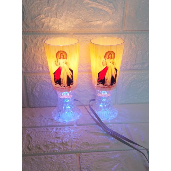 Bộ đèn ly thủy tinh điện bàn thờ công giáo 15cm có in hình Chúa hoặc Mẹ