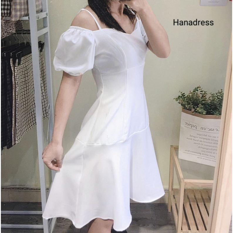 Đầm trắng dự tiệc tay bồng , trễ vai 2 dây mặc 2 kiểu có lót