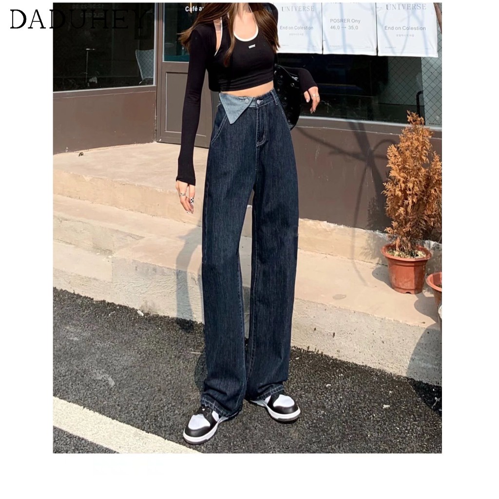 Daduhey Quần jeans dài ống rộng lưng cao thời trang dành cho nữ