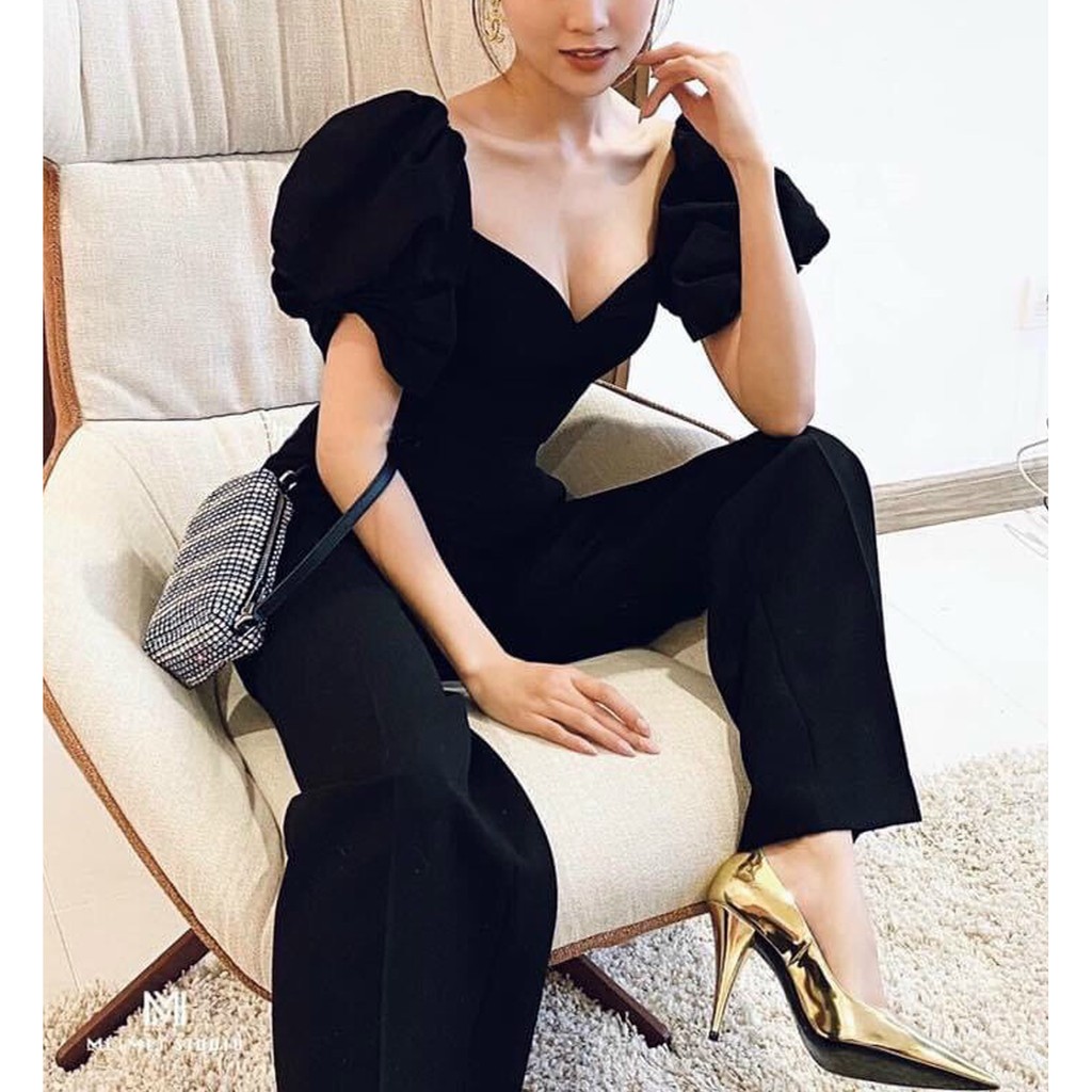 JUMPSUIT DÀI CỔ TIM TAY BỒNG ĐEN-JS0156