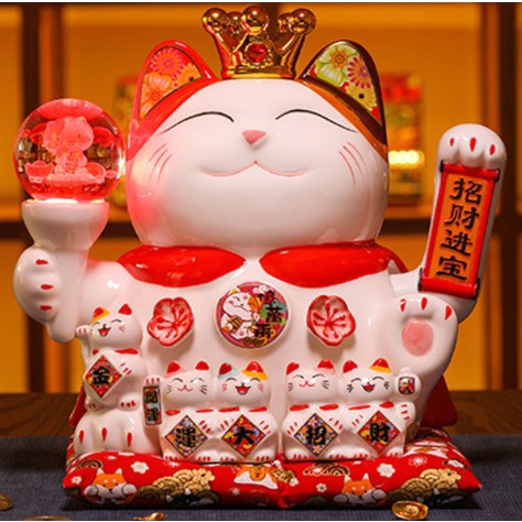 Mèo Thần Tài , Mèo May Mắn Vẫy Tay Cao 25cm Cầm Quả Cầu Phát Sáng
