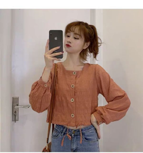 Áo Croptop cổ vuông tay dài xinh xắn cho các nàng/Áo Croptop cổ vuông tay dài xinh xắn cho các nàng/Áo Croptop cổ vuông