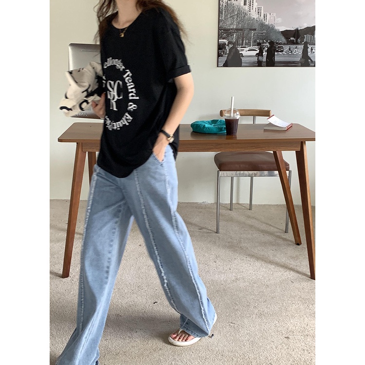 Quần Jean nữ Thiết kế Ống rộng Lưng cao Cá tính Dáng suông Retro Thời trang Quần bò nữ Vintage Cạp cao