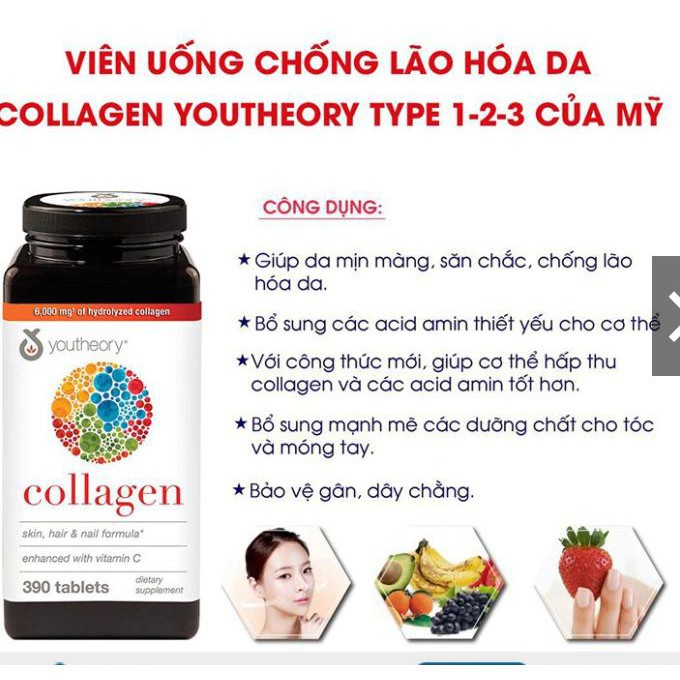 Viên Uống Đẹp Da Collagen Biotin Youtheory 390 viên Mỹ