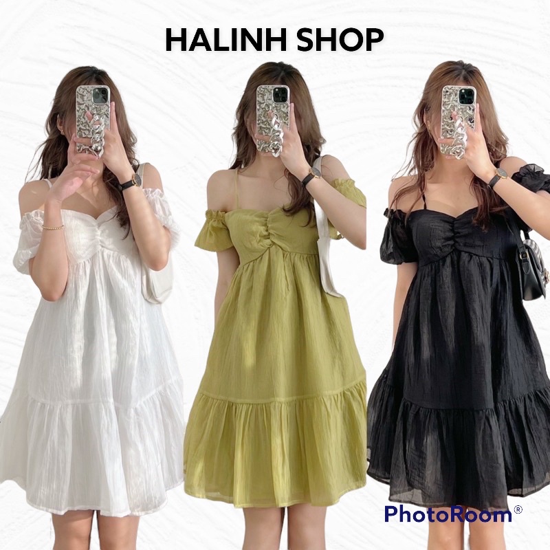 Vây Đầm Nữ Trễ Vai Tay Phồng - Halinh Shop - Váy Voan Đũi 2 Lớp Trễ Vai Chun Lưng Tiểu Thư 3 Màu Đen Trắng Xanh Bơ
