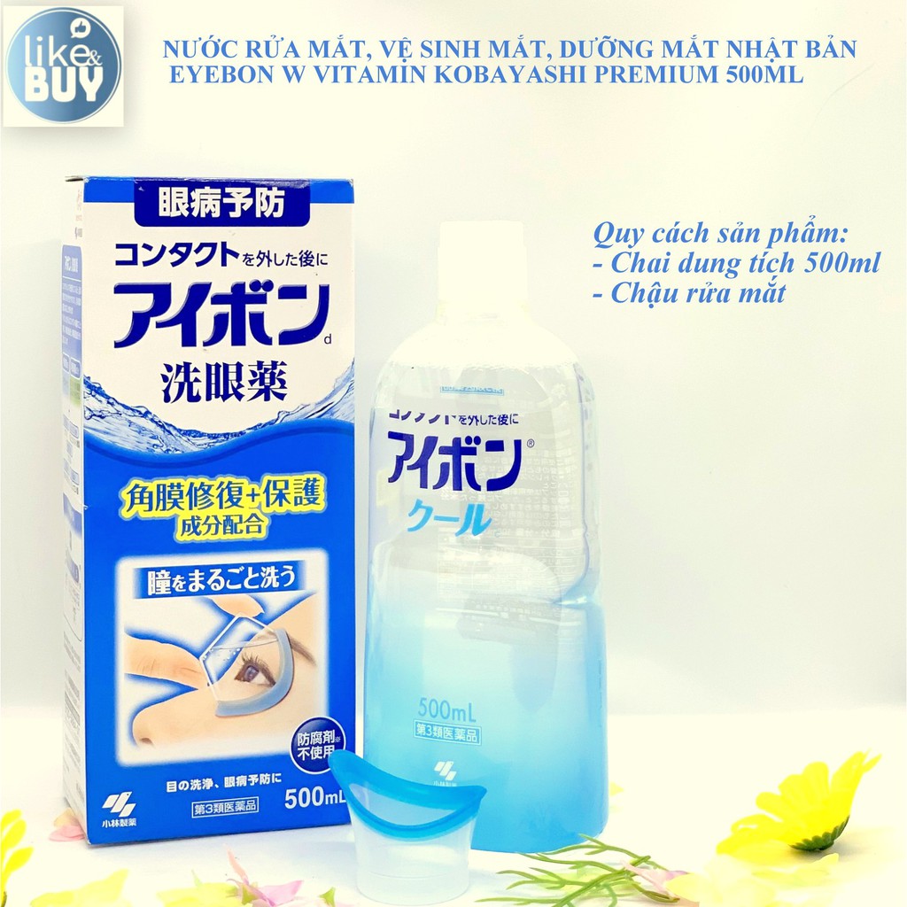 NƯỚC RỬA MẮT, VỆ SINH MẮT, DƯỠNG MẮT NHẬT BẢN EYEBON W VITAMIN KOBAYASHI PREMIUM 500ML - HÀNG NHẬT NỘI ĐỊA