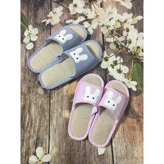 Dép hở mũi thỏ kẻ ngang đế cao su - 2 màu hồng và xanh, dép nam, dép nữ, dép đi trong nhà, dép văn phòng