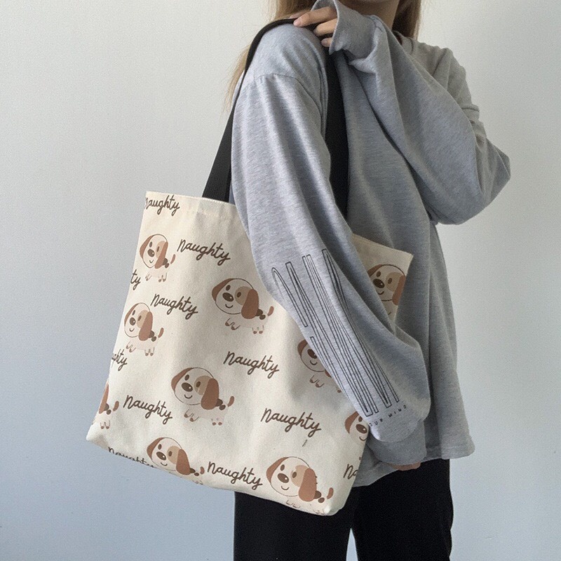 Túi tote vải canvas cao cấp đeo vai Cún Con Naughty khổ vuông cute