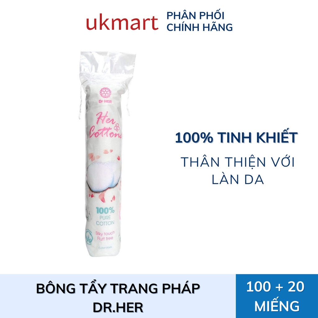 Bông Tẩy Trang 100% Cotton Tinh Khiết Dr. Her 120 Miếng Thành Phần Thiên Nhiên Dùng Để Tẩy Trang Chăm Sóc Da Mặt