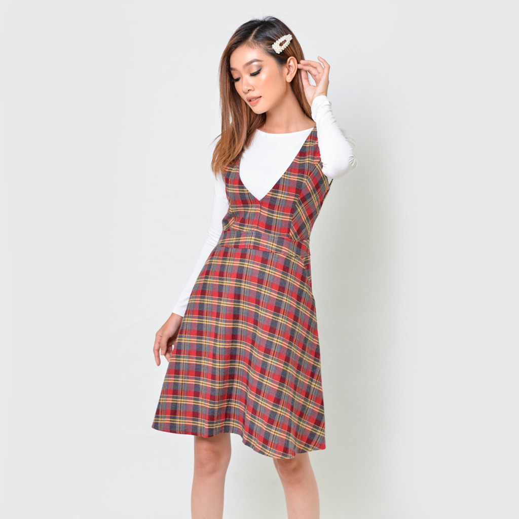 Đầm yếm caro nữ thời trang Eden cổ v phom chữ a kiểu dáng mang đến sự trẻ trung năng động - D376