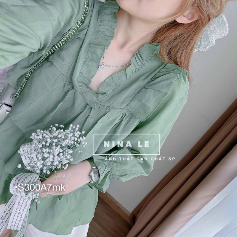 Set Bộ Đùi Nữ Bánh Bèo Tiểu thư,Set Babydoll Xanh Cốm Áo Kiểu Bèo Tầng Tay Chun Quần Short Cạp Chun Thời Trang Hàn