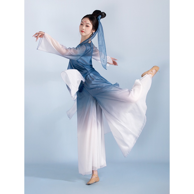 Bộ Hán Phục Biểu Diễn Múa Màu Trắng Xanh Dương Gradient Phong Cách Trung Hoa Cổ Điển