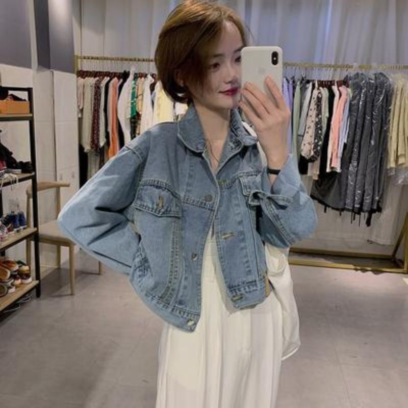 Áo Khoác Denim Ngắn Dáng Rộng Phong Cách Retro Hàn Quốc Cho Nữ
