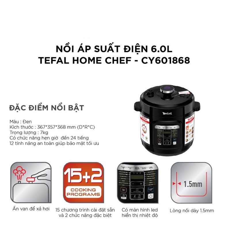 [Mã ELHA03 giảm 5% đơn 300K] [QUÀ TẶNG KẸO ALPENLIEBE ]Nồi áp suất điện đa năng Tefal Home Chef 6.0L CY601868