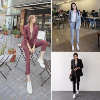 Sẵn Đen-L(Hàng Đẹp)Ảnh thật 4 hình cuối-Set đồ nữ blazer kẻ sọc công sở style Hàn Quốc
