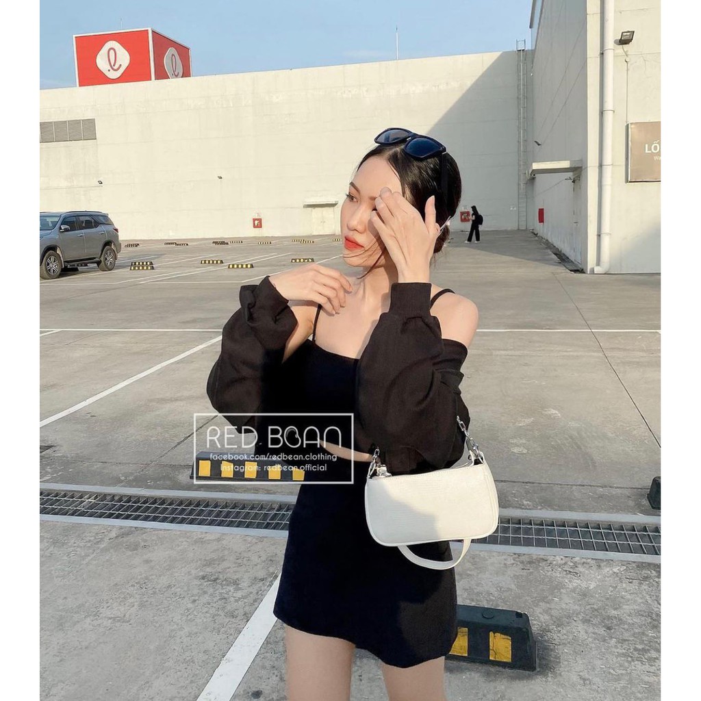 Set áo đen croptop 2 dây kèm khoác và chân váy