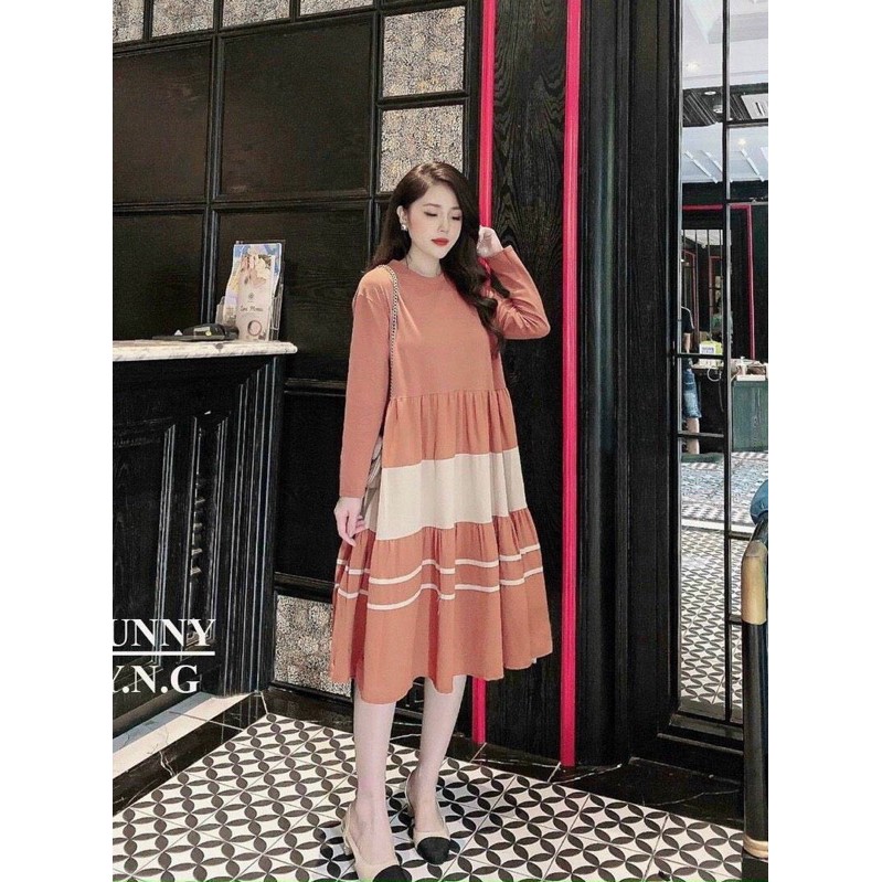 Váy bầu cotton dài tay THU ĐÔNG, xếp tầng v244