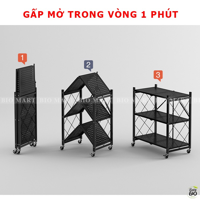 Kệ đa năng gập gọn thông minh 4 tầng để đồ nhà bếp bằng thép carbon không gỉ kèm bánh xe tiện lợi - Q078B