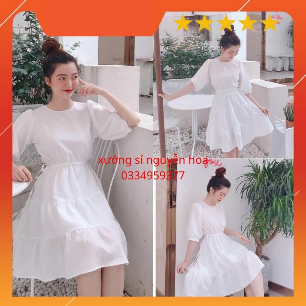 Váy tầng rút eo trắng tay lỡ bánh bèo dễ thương Nguyễn Hoa Hàng đẹp