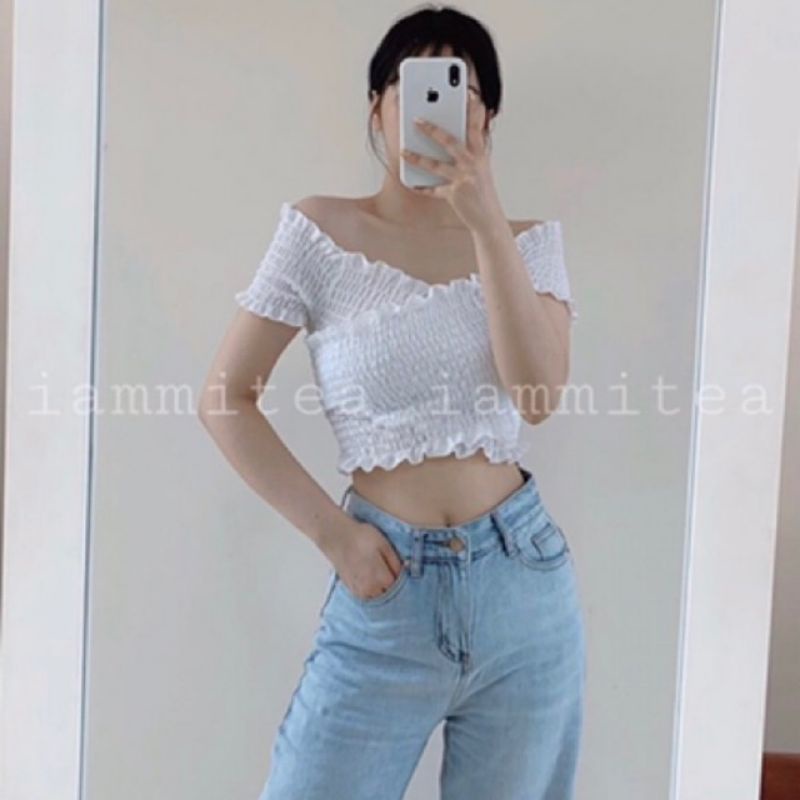 🎀Áo Nhún Thun Đắp Chéo Trễ Vai Fom Croptop Dễ Thương Nữ Tính