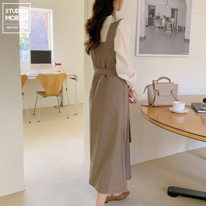 Váy yếm MORAN cổ vuông thắt eo vintage Hàn Quốc nhẹ nhàng thanh lịch sang trọng