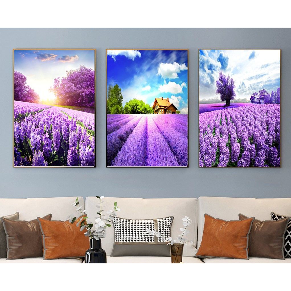 Bộ 3 Tranh Treo Tường Vải Canvas CAO CẤP Cánh Đồng Hoa Lavender Oải Hương Rực Tím Sắc Trời - MELYHOME DECOR