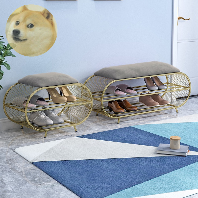 Ghế ngồi đi giày 2 tầng hiện đại dáng lưới sắt tròn, băng ghế đẩu kiêm kệ để giày, trang trí phòng khách