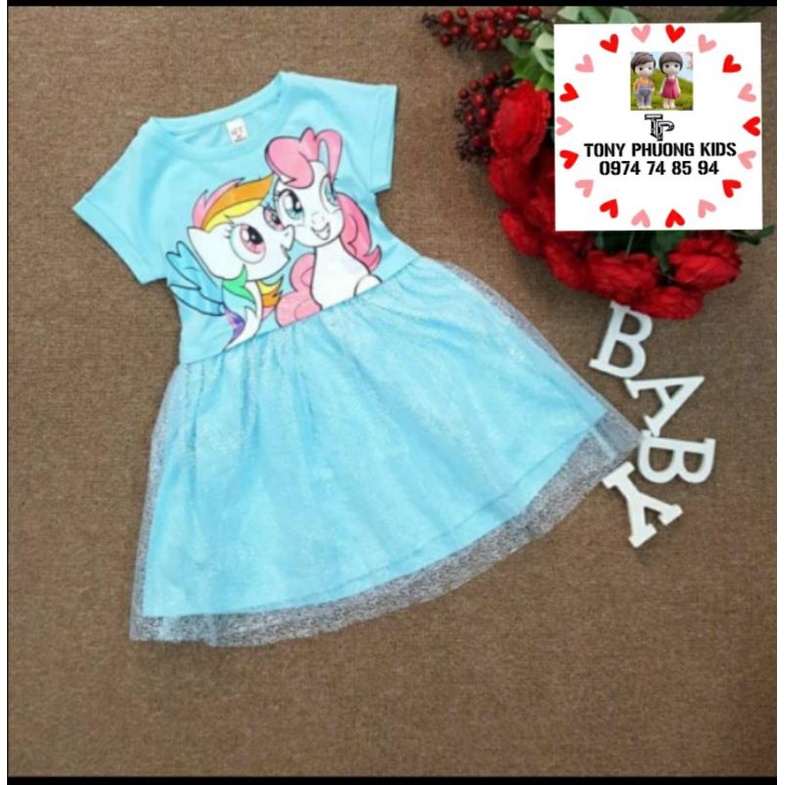 Đầm thun bé gái in hình ngựa Pony, Elsa chất thun cotton dưới thêm lớp lưới, cotton thoáng mát thấm hút tốt