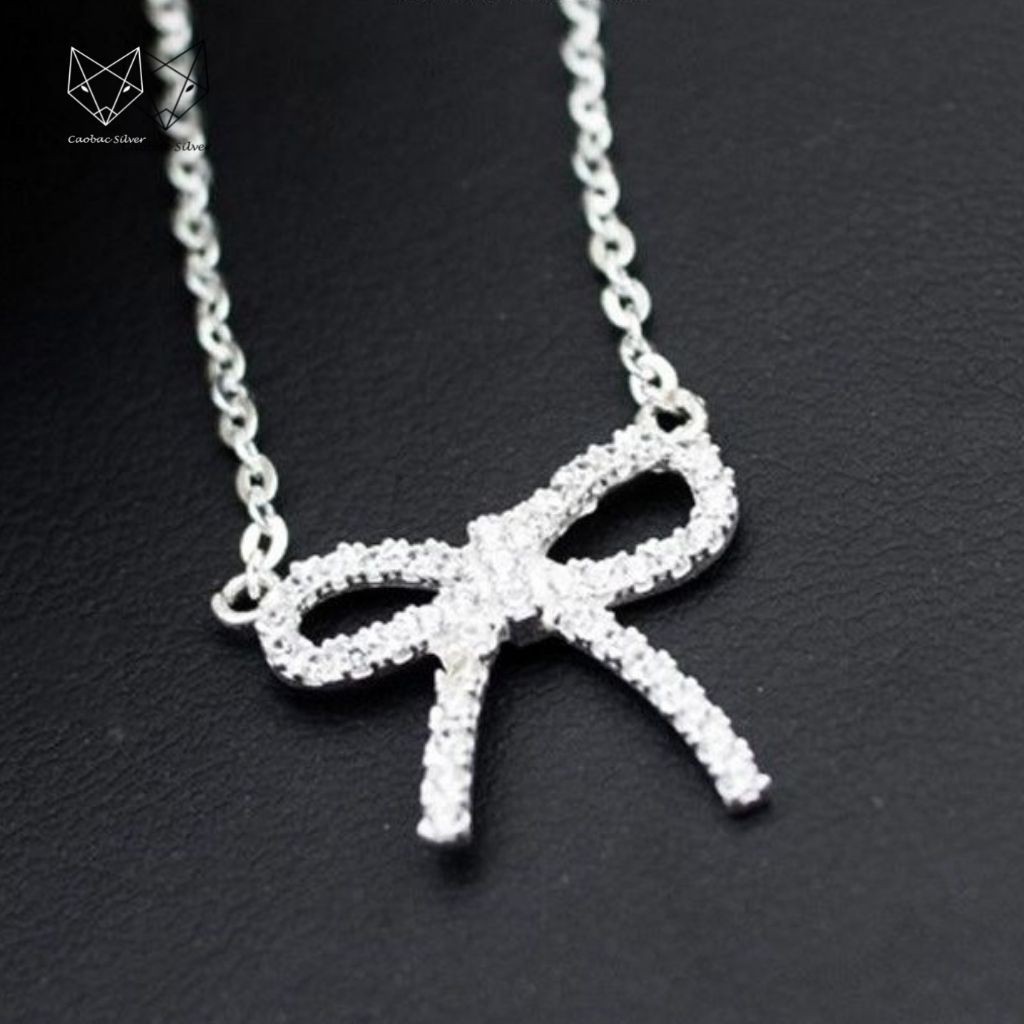 Dây Chuyền Bạc Ta S99 CaoBac Silver Mặt Nơ Đinh Đá Nhỏ Xinh Xắn Cho Nữ