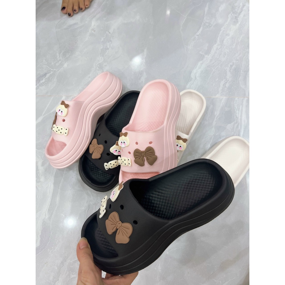 Dép bánh mì nữ đế viền lượn sóng 5p gắn stiker nơ-kẹo