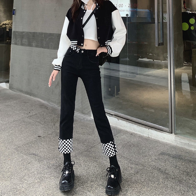 Jiashucheng Quần Jean Dài Tới Mắt Cá Chân Dáng Ôm Lưng Cao Ghép Mảnh Ghép Nối Thiết Kế Ca Rô Nhỏ Dễ Phối Đồ Cho Nữ