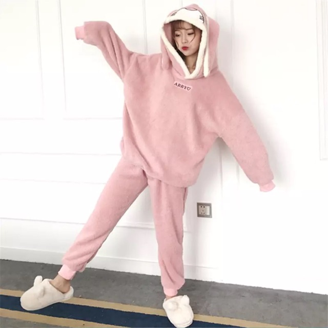 Bộ nỉ lông nữ ABBY cao cấp siêu cute áo có mũ ( hàng order )