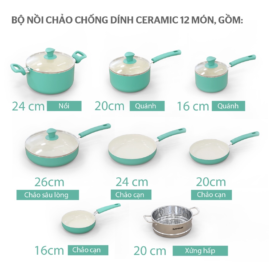 Bộ nồi chảo Ceramic đáy từ Sunhouse AM1102A | 16cm/20cm/24cm/26cm | Chống dính Ceramic 6 lớp | Hàng chuẩn Mỹ