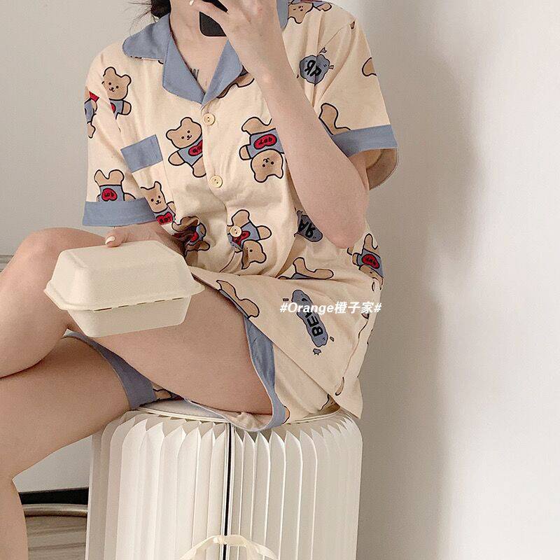 Bộ đồ ngủ ngắn tay họa tiết gấu dễ thương phong cách Hàn Quốc thời trang mùa hè cho nữ