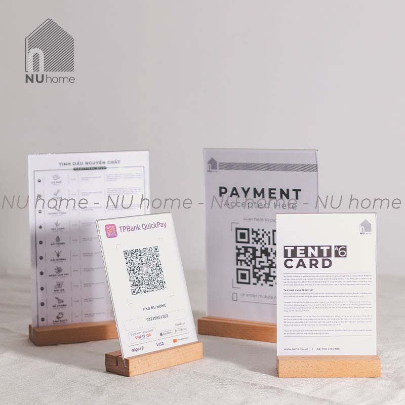 nuhome.vn | Menu mica đế gỗ - Tent card , stendee để bàn được thiết kế đơn giản mộc mạc và đẹp mắt