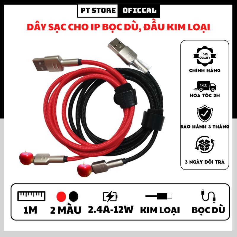 Dây sạc nhanh cao cấp đầu  lighting cho các đời ip 5,6,7,8,X,11,12,13 bọc dù , 2 đầu kim loại siêu bền, sang trọng