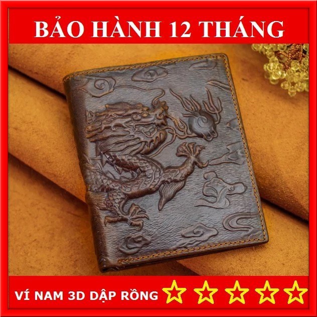 Ví Nam da bò, Bóp nam Dáng đứng họa tiết 3D Rồng độc đáo – BH 12 tháng.