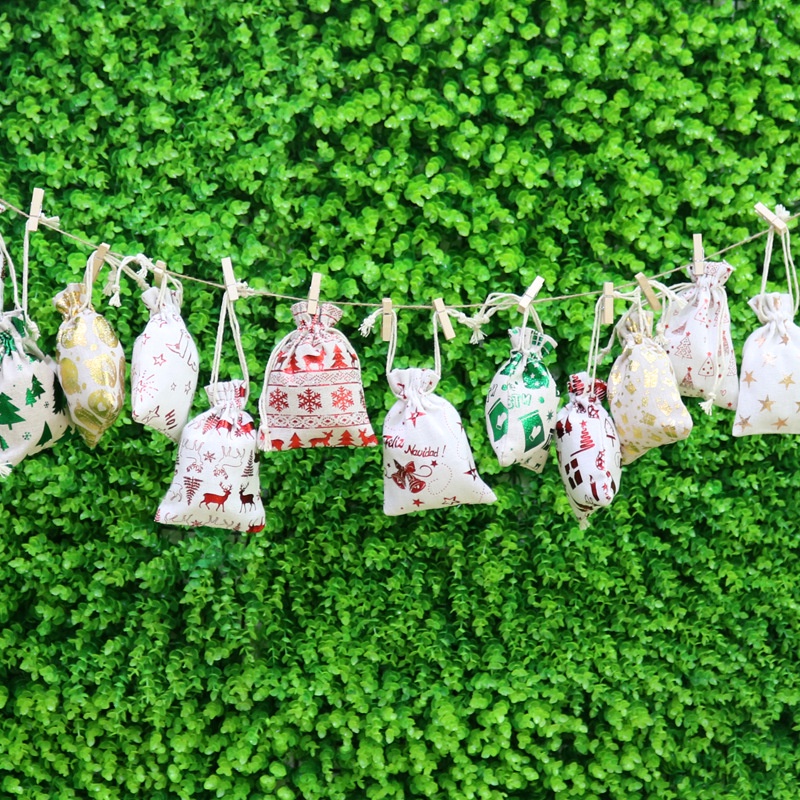 Túi Dây Rút Chất Liệu Cotton Lanh In Họa Tiết Màu Đồng Đựng Kẹo Giáng Sinh