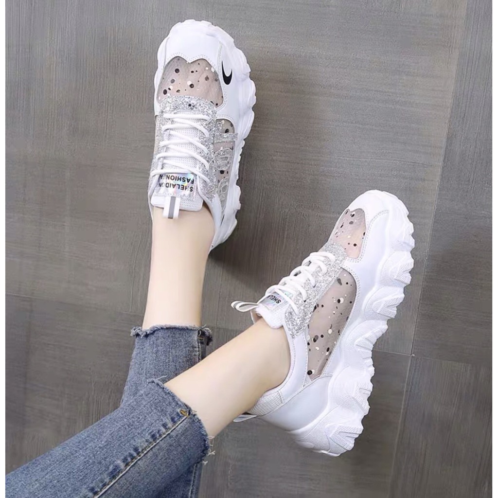 FREE SHIP Giày thể thao nữ , giày sneaker nữ đế độn cao 5cm đế sóng phối lưới nhũ siêu đẹp