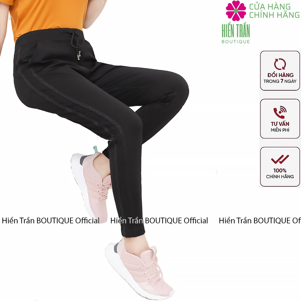 Quần jogger nữ Hiền Trần BOUTIQUE dáng dài cạp chun dây buộc, sọc kim tuyến 2 bên