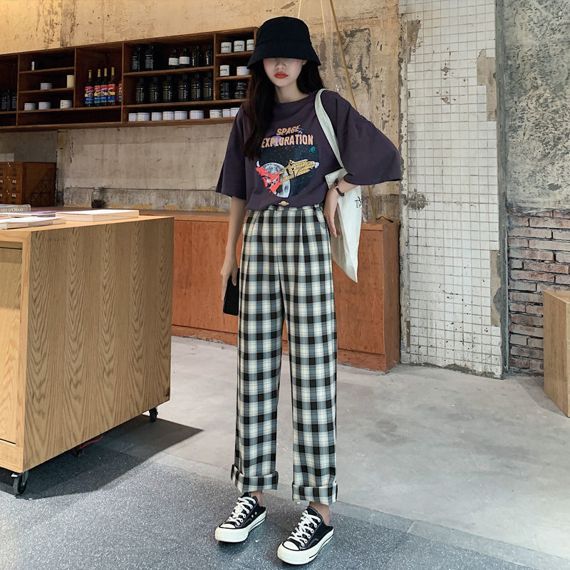 3293❤️ korean pants for women plus size high waist plaid pants loose casual straight leg full length