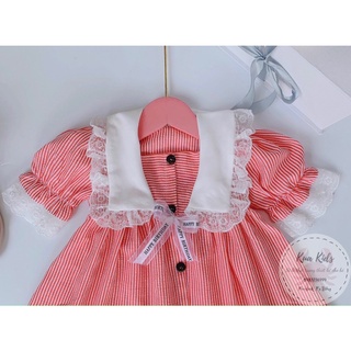 Váy xốp kẻ hồng cổ nơ