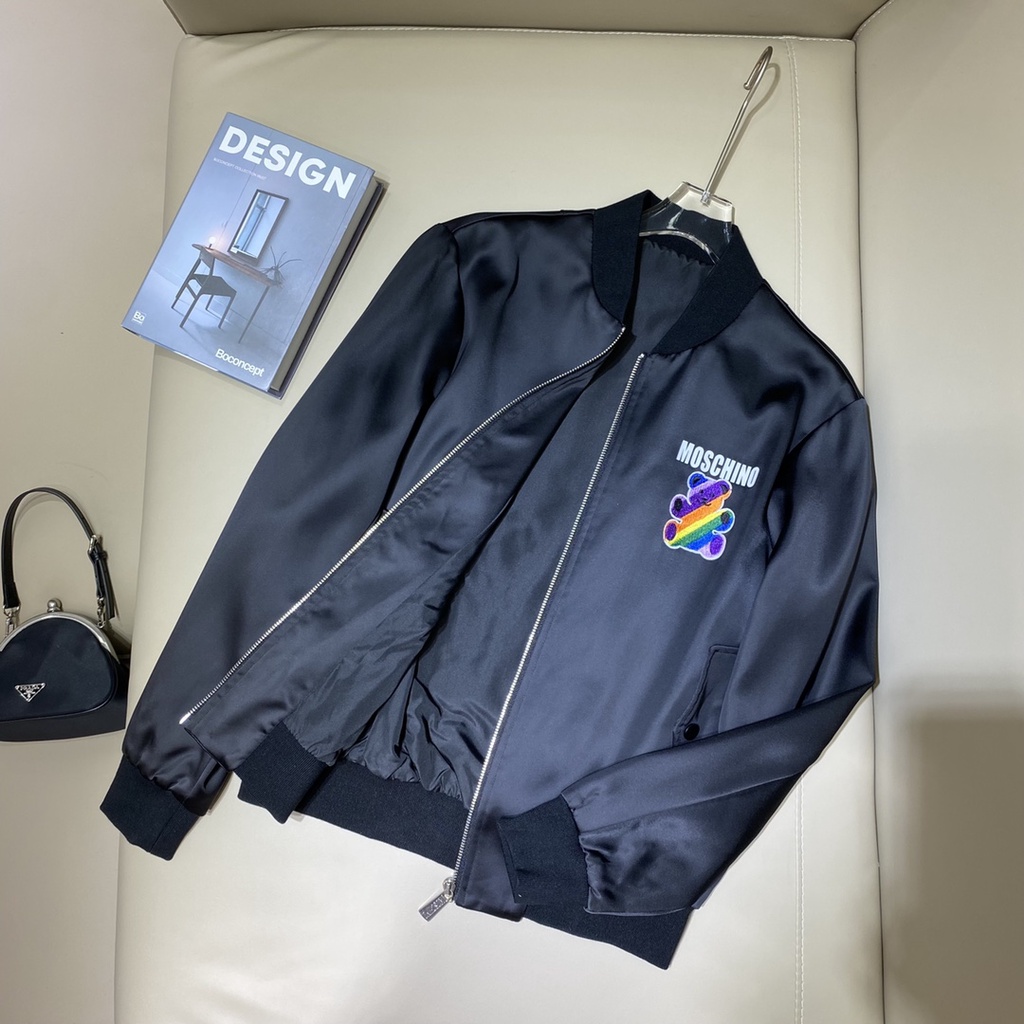 Áo khoác bomber nữ thời trang cao cấp Moschino logo thêu gấu phối màu bắt mắt